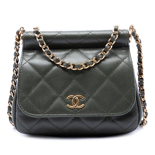 Chanel Calf Leather Small CC Quilted Caviar Bar Flap Clutch With Chain