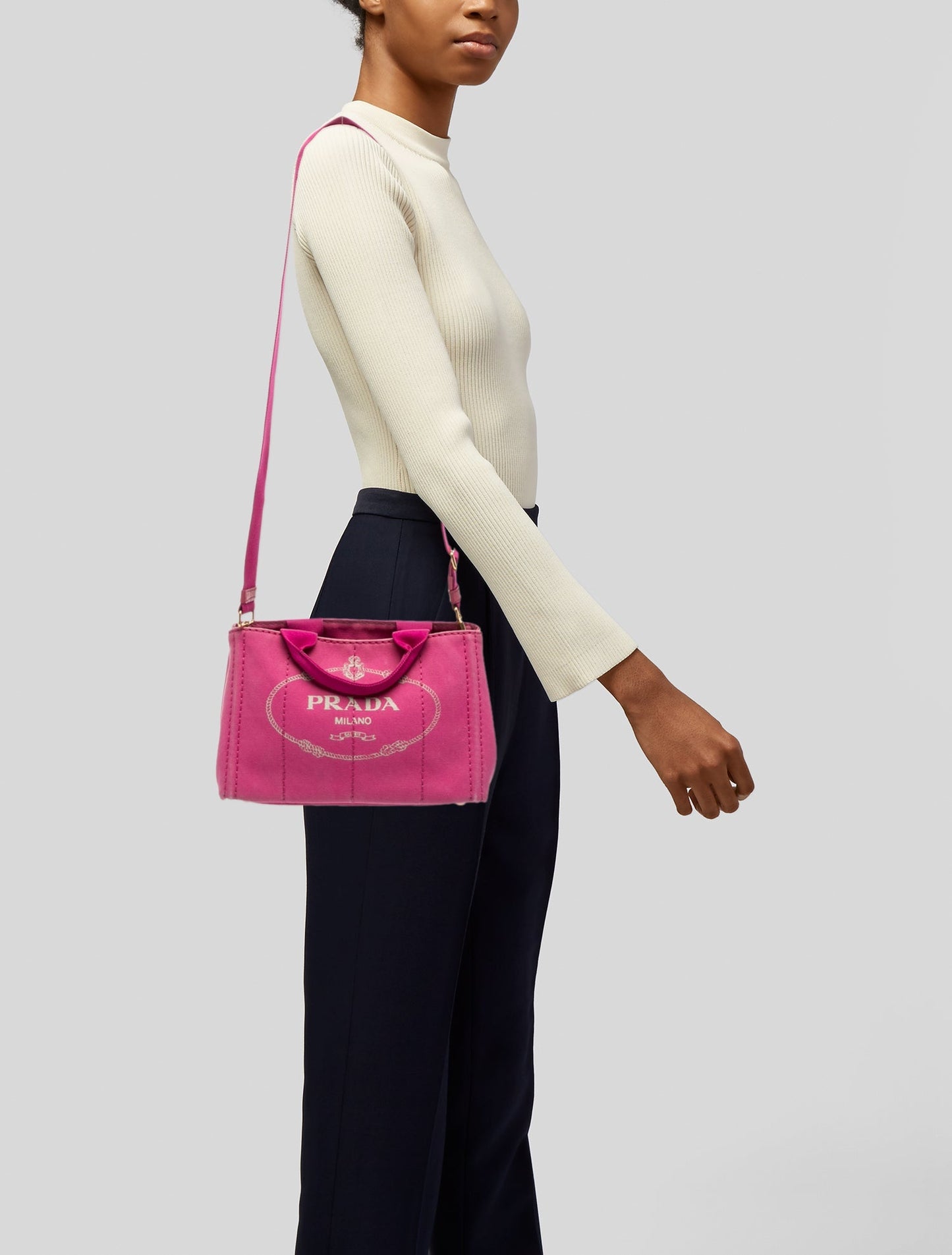 Prada Enameled Metal Triangle Canvas Tote